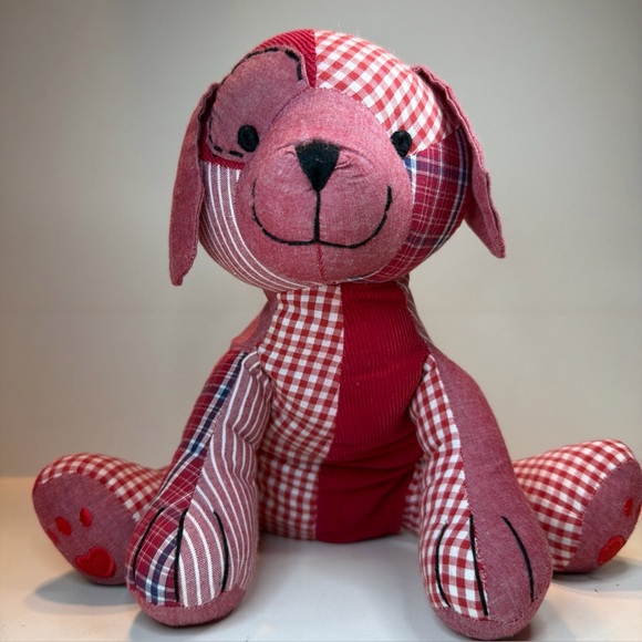 Rare POTTERY BARN KIDS RED PATCHWORK DOG PLUSH STUFFED ANIMAL PLAID CORDUROY PBK - Picture 1 of 13